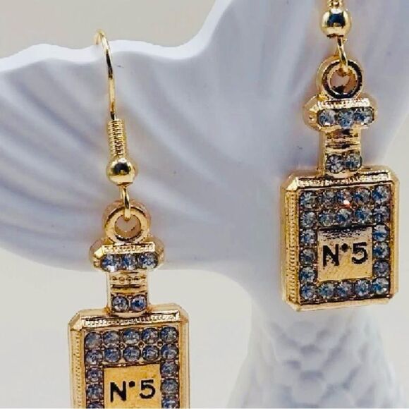 New Gold Perfume Bottle Crystal Earrings - Picture 2 of 8
